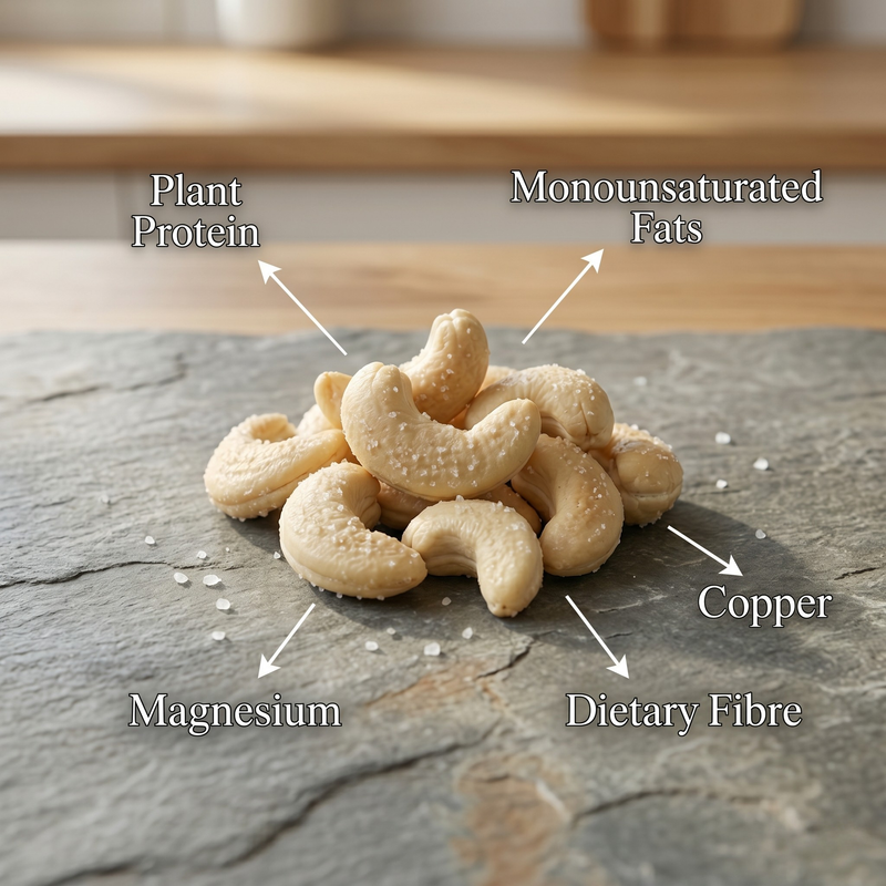 Salted Cashews on a stone surface with nutritional labels