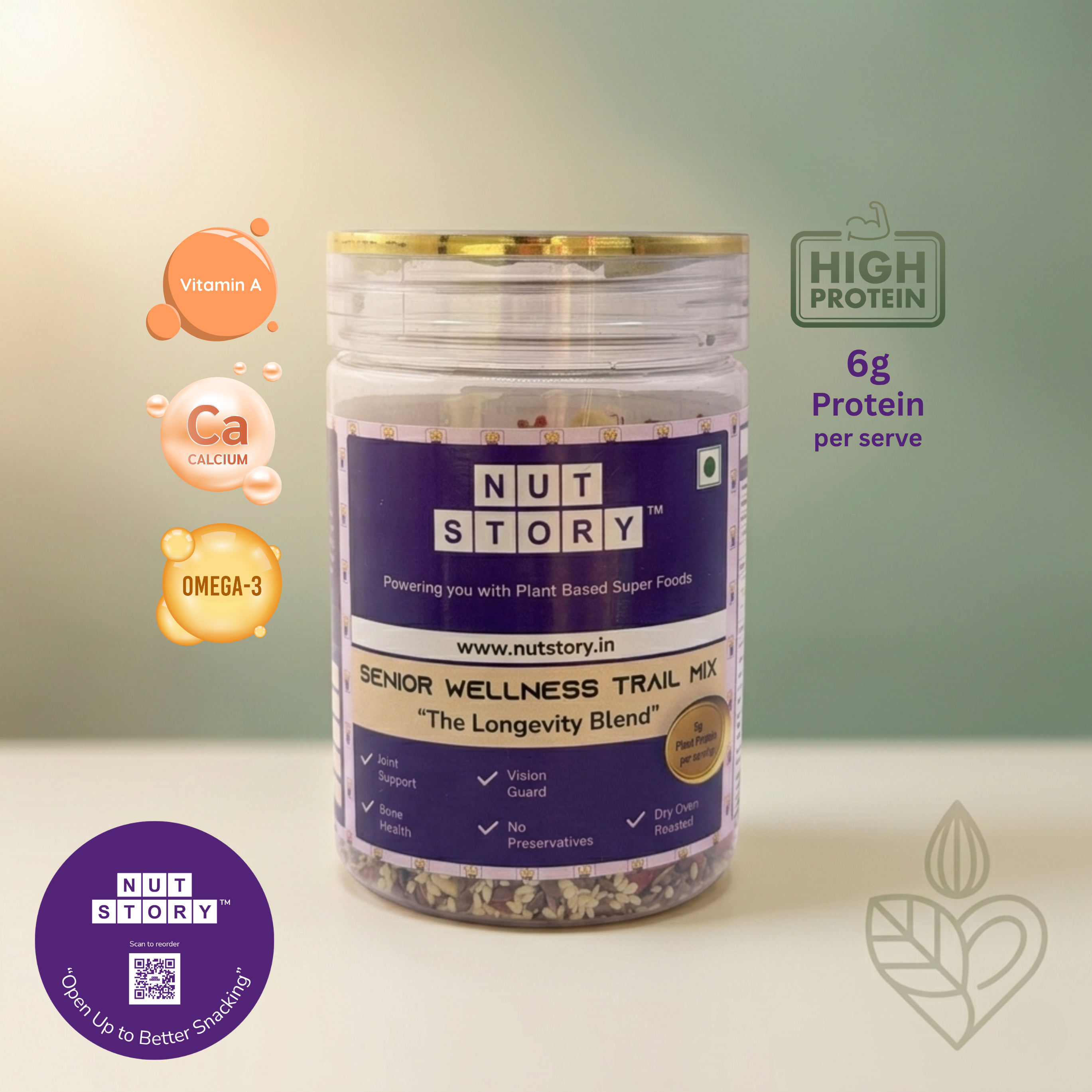 Jar of Nut Story Senior Wellness Trail Mix with nutritional information on a gradient background
