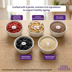 Bowls of various nuts and seeds on a wooden surface with nutritional information labels.