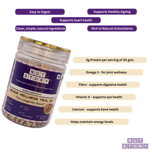 Nut Story Senior Wellness Trail Mix jar with health benefits listed on a white background