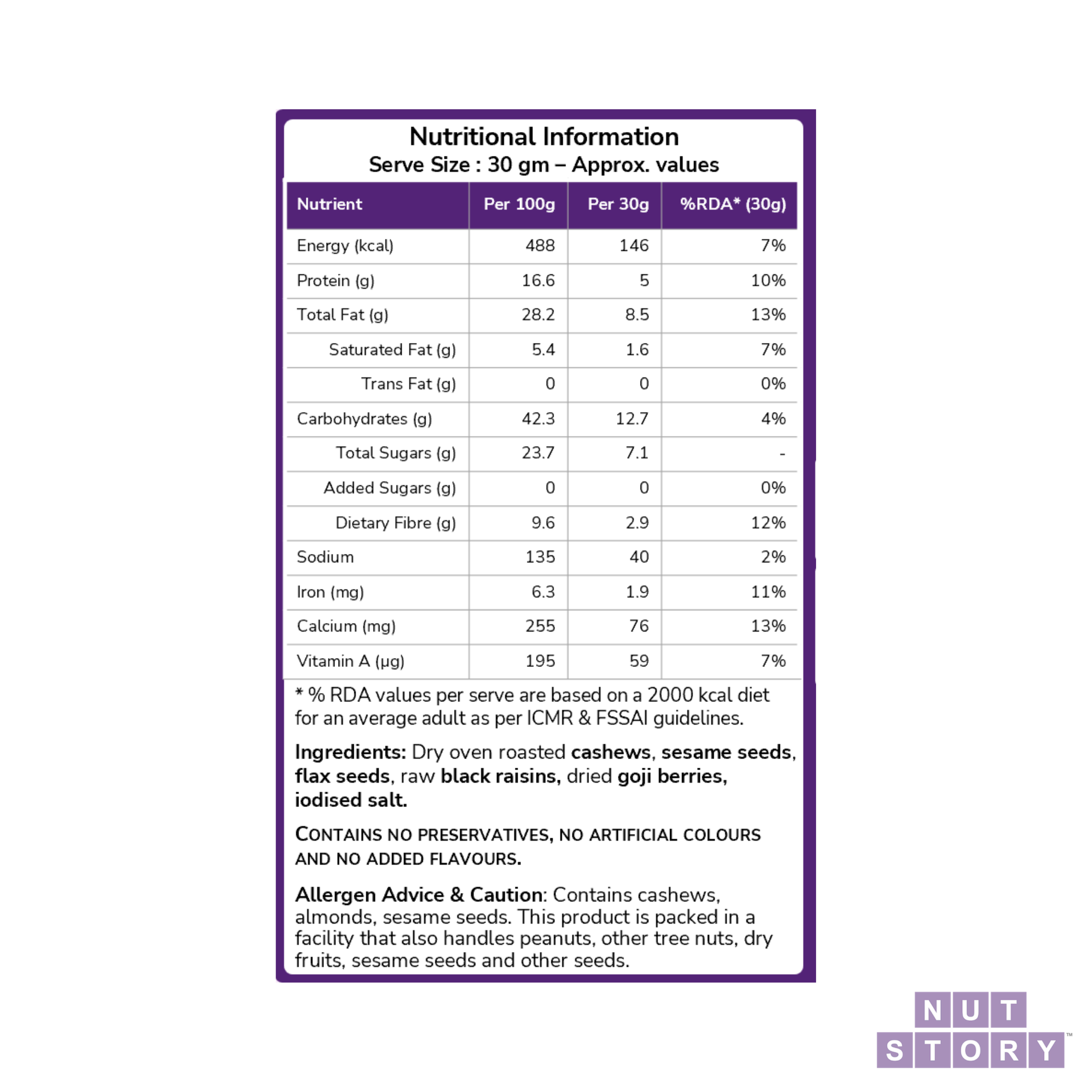 Nutritional information label for a food product with purple border and white background