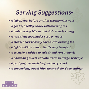 List of serving suggestions for a product with a heart logo and 'NUT STORY' text.