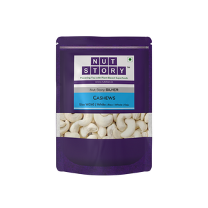 Nut Story Silver Cashews W240 pouch with nutritional highlights on a clean background