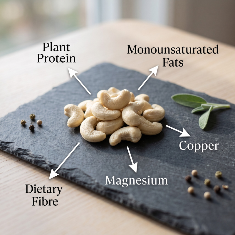 W240 Cashews on a slate surface with nutritional labels