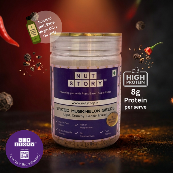 Jar of Nut Story spiced muskmelon seeds with text about protein content on a dark background