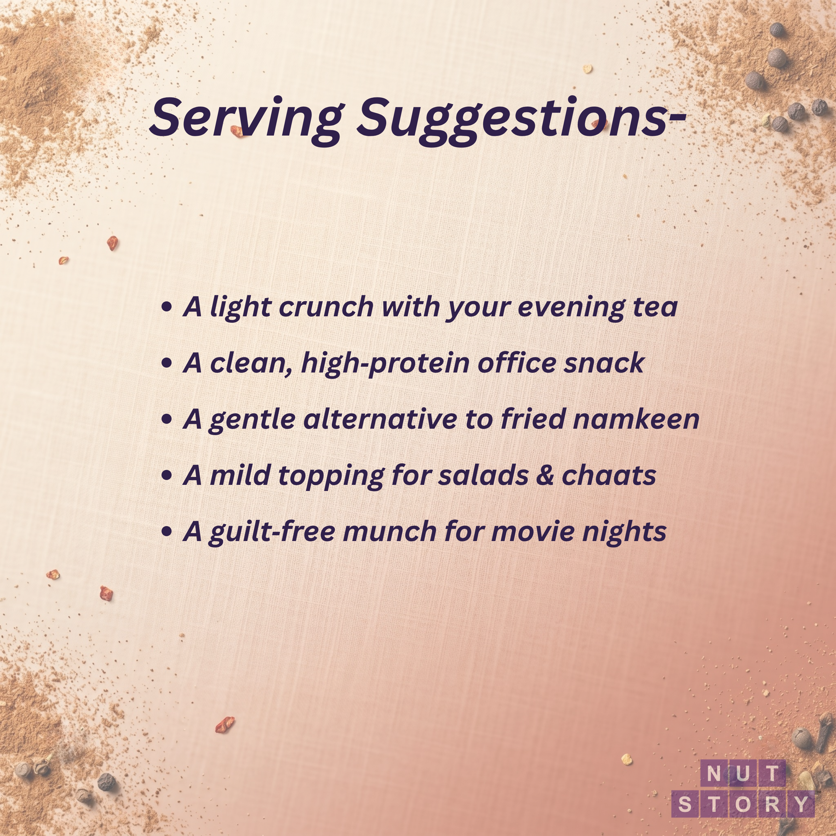 Text listing serving suggestions for a snack on a textured background with 'NUT STORY' branding.