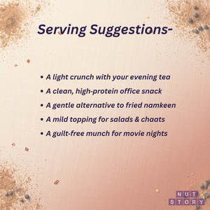 Text listing serving suggestions for a snack on a textured background with 'NUT STORY' branding.