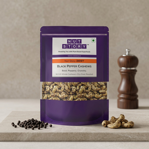 Nut Story Zest Black Pepper Cashews W210 — bold peppery oven-roasted cashews in a zip-sealed pouch