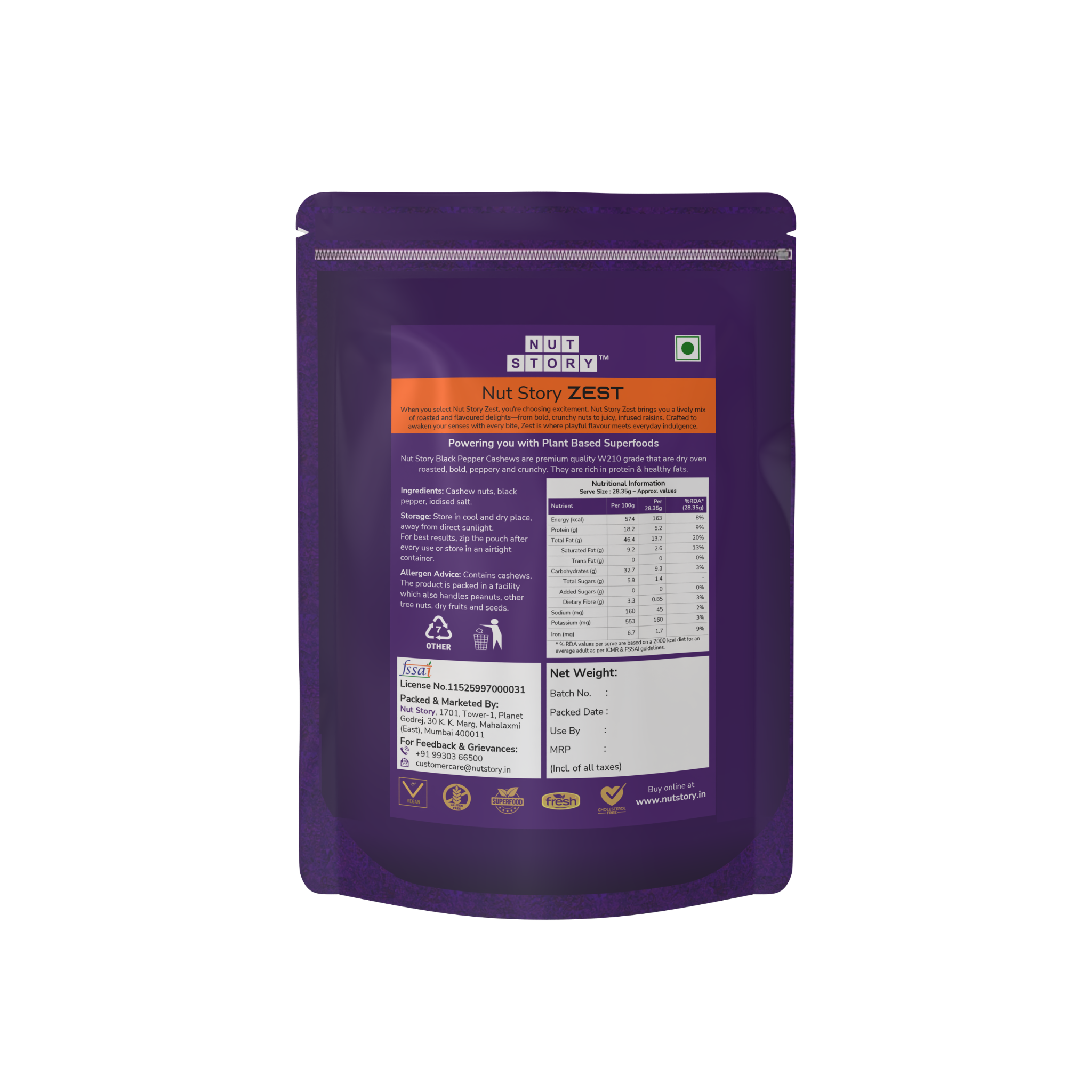 Nut Story Zest Black Pepper Cashews W210 pouch with nutritional highlights on a clean background