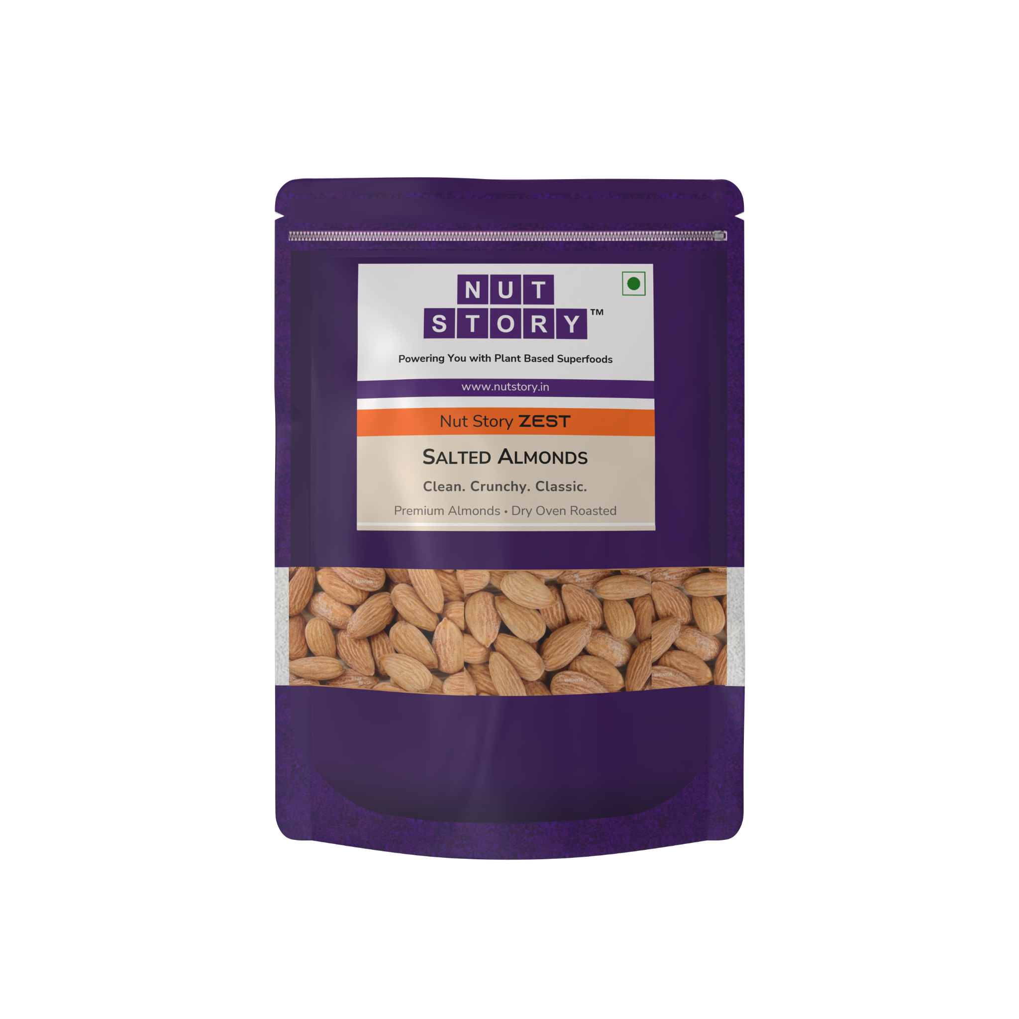 Close-up of Nut Story Zest Salted Almonds showing whole dry roasted kernels with light seasoning