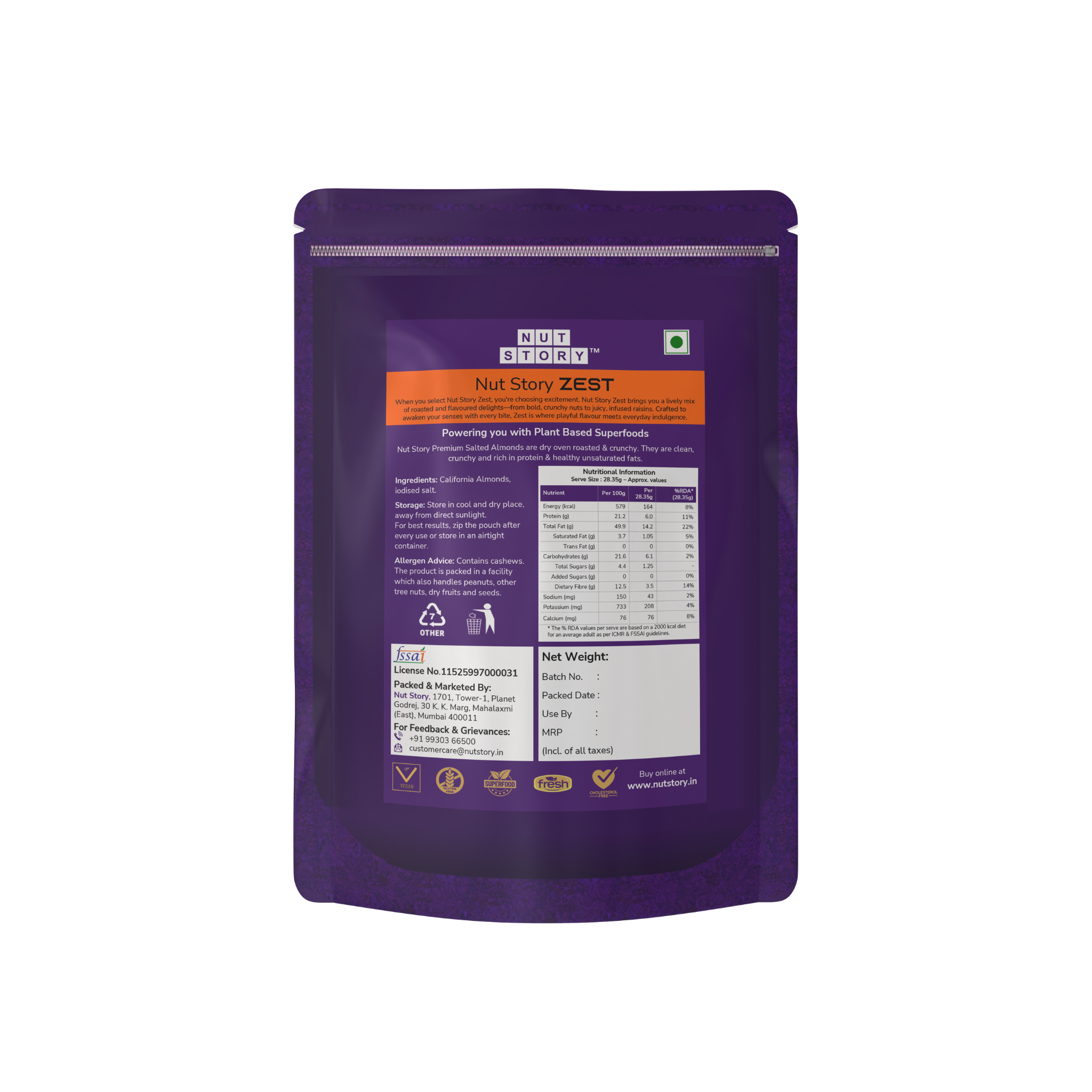 Nut Story Zest Salted Almonds pouch with nutritional highlights on a clean background